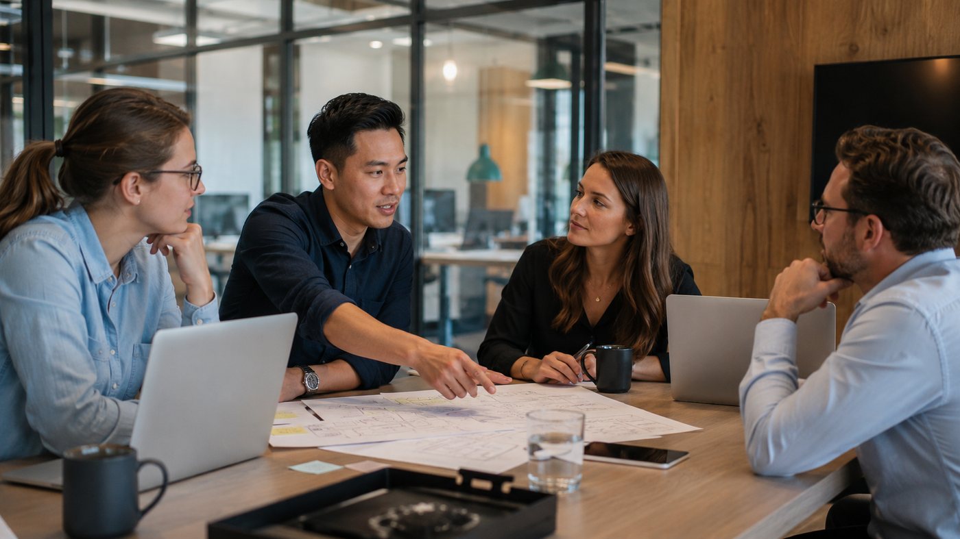 A team reviewing plans in a meeting room